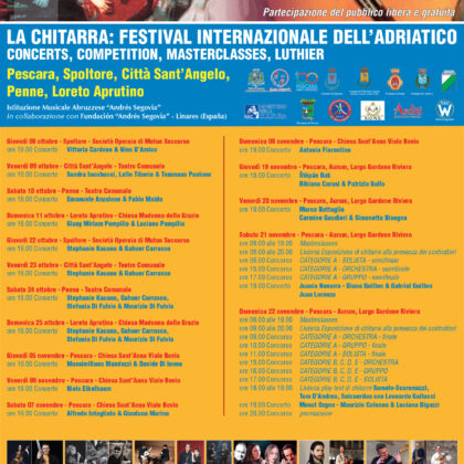 FestivalIl Festival Internazionale dell’Adriatico è un’iniziativa musicale di alto valore culturale e divulgativo. Nata nel 1996 e interamente dedicata alla chitarra, rappresenta un’occasione di crescita sociale per il territorio, dalla notevole ricaduta turistico-culturale per la città di Pescara e per la sua intera area metropolitana. https://www.andressegovia.it/wp-content/uploads/2026/10/Manifesto-2026-La-Chitarra-completo-scaled.jpg